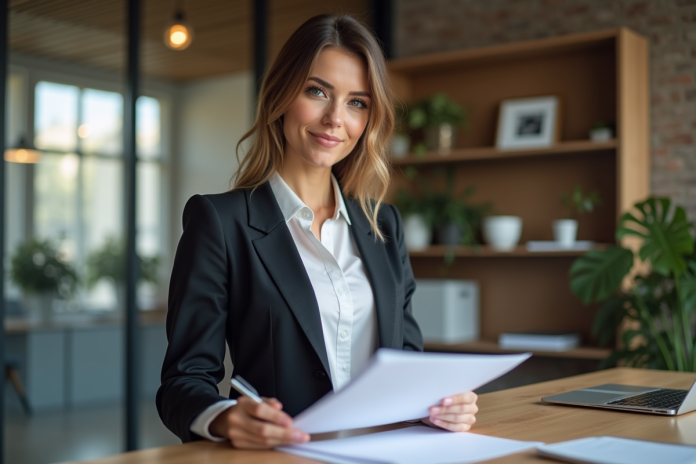 femme-affaires-documents-bureau Femme d affaires professionnelle tenant des documents dans un bureau moderne