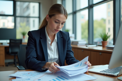 Femme d'affaires en costume regardant des documents financiers