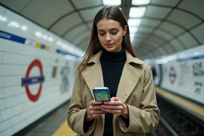 Jeune femme consultant l'application trafic RATP en temps réel sur son smartphone dans une station de métro parisienne