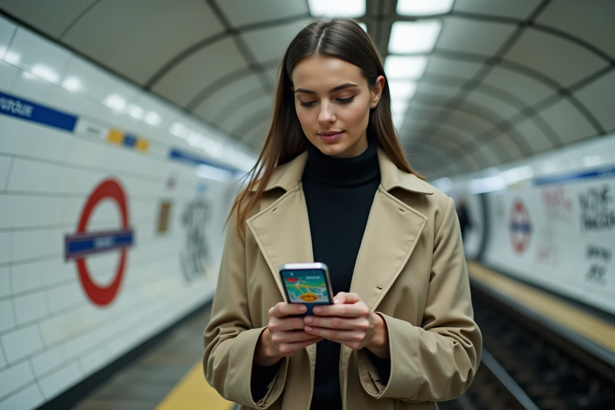 Jeune femme consultant l'application trafic RATP en temps réel sur son smartphone dans une station de métro parisienne