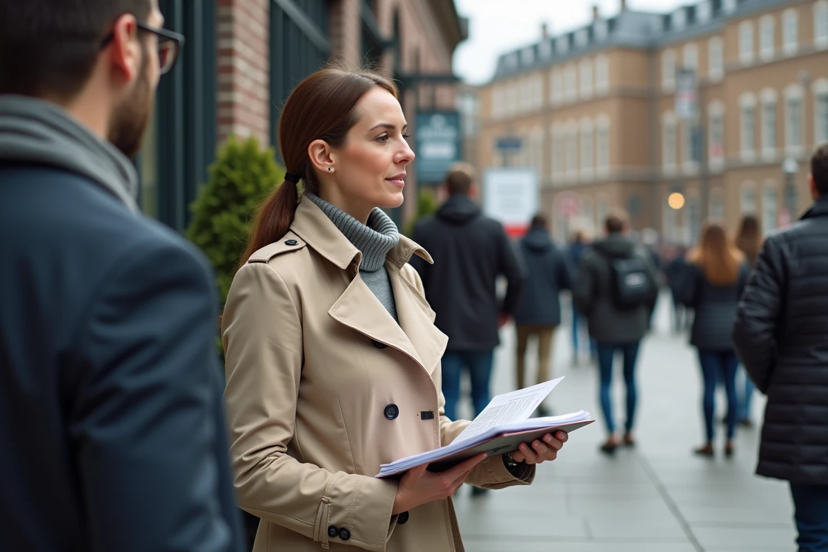 Femme en trench beige patientant dans une file extérieure