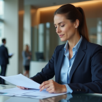 Banque réputée : comparatif des meilleures banques en France Femme d'affaires en costume dans une banque moderne