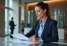 Banque réputée : comparatif des meilleures banques en France Femme d'affaires en costume dans une banque moderne