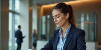 Banque réputée : comparatif des meilleures banques en France Femme d'affaires en costume dans une banque moderne