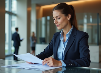 Femme d'affaires en costume dans une banque moderne