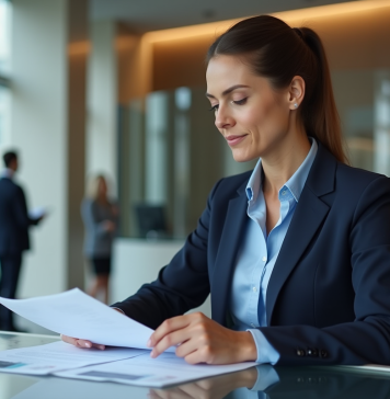 Banque réputée : comparatif des meilleures banques en France Femme d'affaires en costume dans une banque moderne