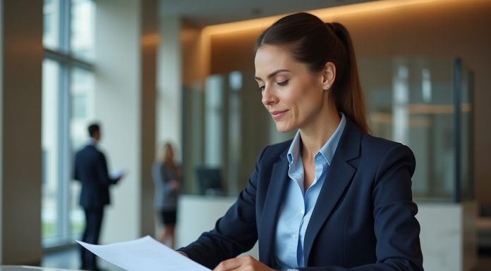 Banque réputée : comparatif des meilleures banques en France Femme d'affaires en costume dans une banque moderne