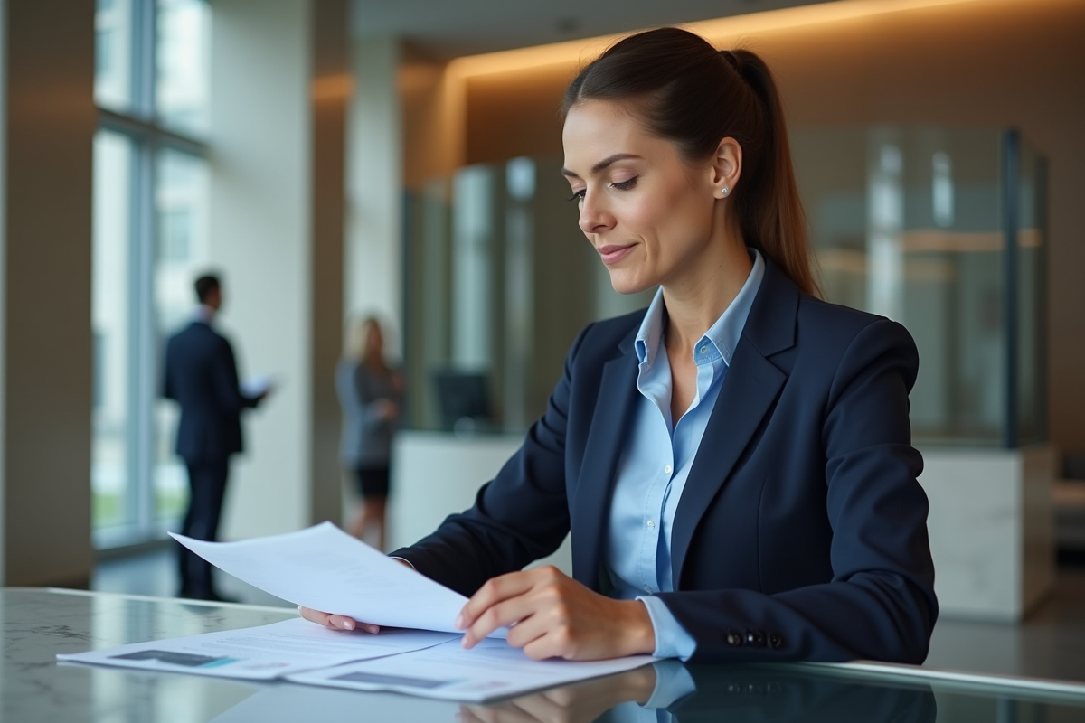 Femme d'affaires en costume dans une banque moderne