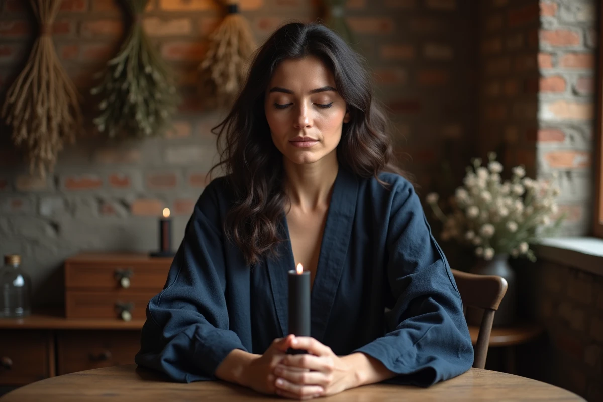 Femme tenant une bougie noire lors d'une pratique spirituelle méditative dans un intérieur chaleureux