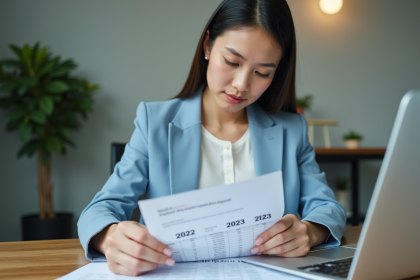 Jeune femme d'affaires analysant un tableau dans un bureau moderne