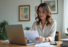 Calculer votre capacité d’emprunt immobilier : astuces et conseils pour maximiser son potentiel Femme en bureau moderne consulte un calculateur de prêt immobilier