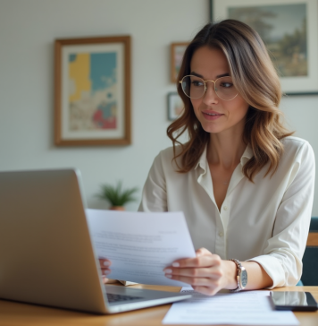 Calculer votre capacité d’emprunt immobilier : astuces et conseils pour maximiser son potentiel Femme en bureau moderne consulte un calculateur de prêt immobilier