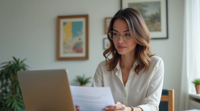 Calculer votre capacité d’emprunt immobilier : astuces et conseils pour maximiser son potentiel Femme en bureau moderne consulte un calculateur de prêt immobilier