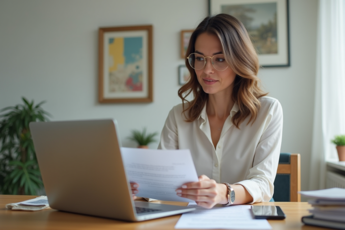 Femme en bureau moderne consulte un calculateur de prêt immobilier