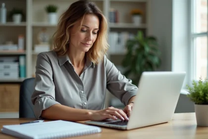 Femme d'âge moyen travaillant sur un ordinateur dans un bureau moderne