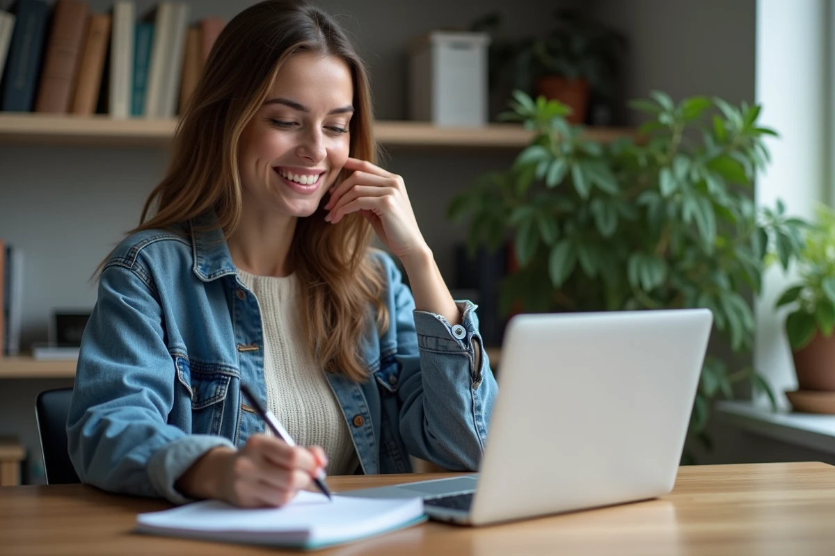 Femme concentrée travaillant sur un ordinateur dans un bureau moderne