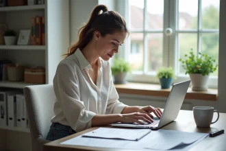 Femme au bureau à domicile en blouse et jeans
