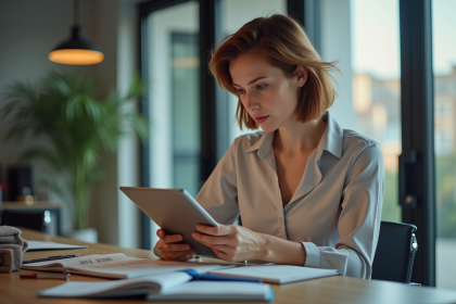 Femme d'une quarantaine utilisant une tablette dans un espace de coworking