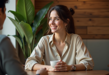Femme souriante dans un café avec ambiance chaleureuse