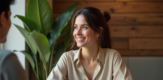 Femme souriante dans un café avec ambiance chaleureuse