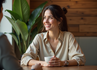 Couleur de visage : quelle teinte attire le plus la séduction ? Femme souriante dans un café avec ambiance chaleureuse