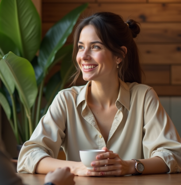 Couleur de visage : quelle teinte attire le plus la séduction ? Femme souriante dans un café avec ambiance chaleureuse