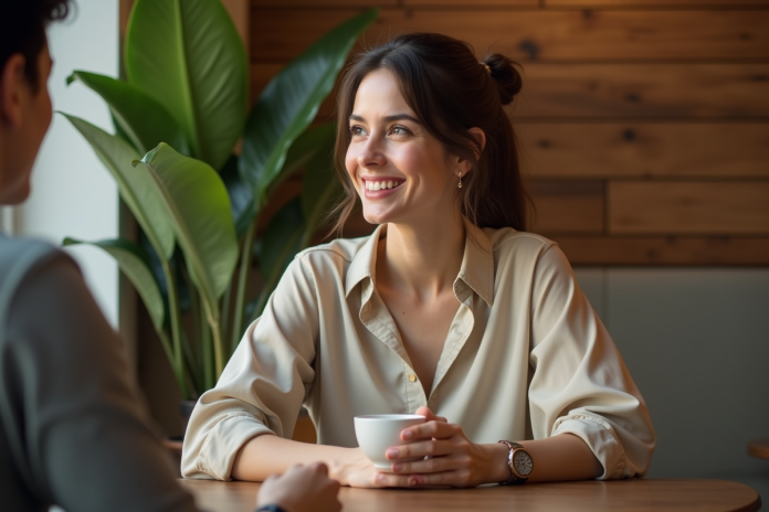 femme-cafe-conversation Femme souriante dans un café avec ambiance chaleureuse
