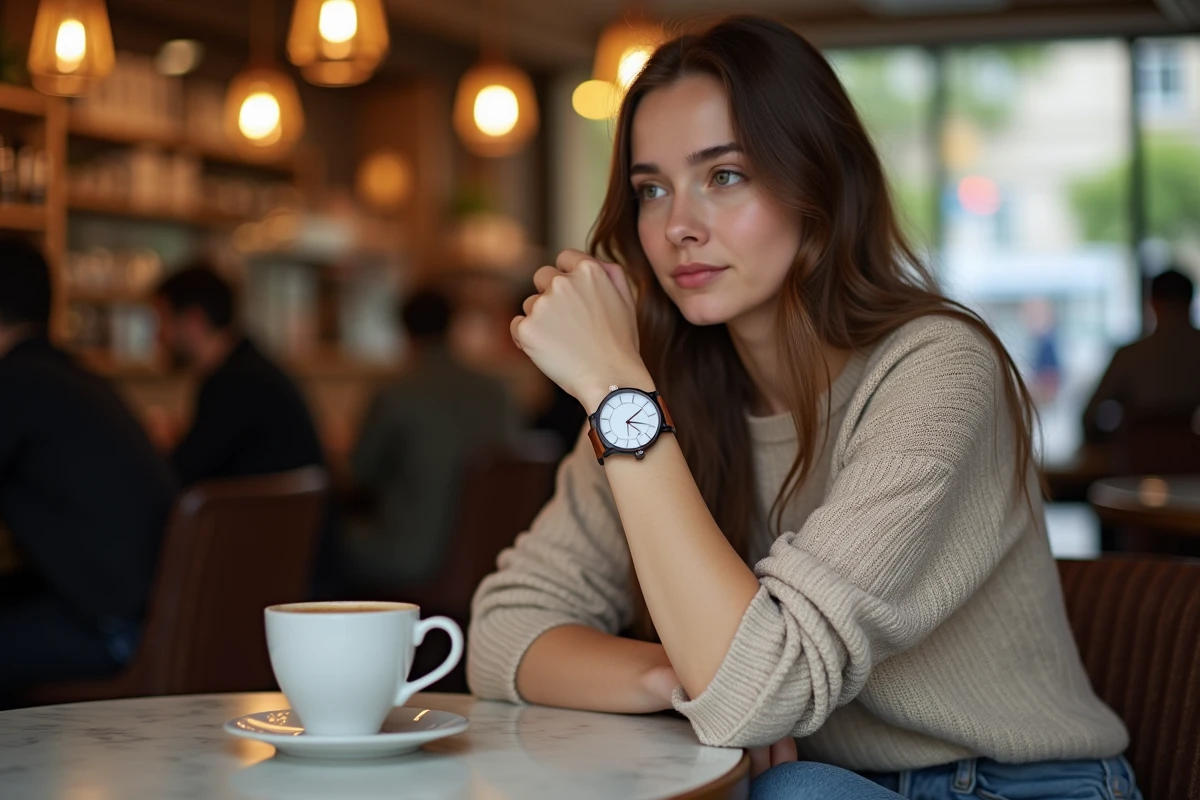 Jeune femme dans un café regardant sa montre affichant 01h11 avec une expression pensive