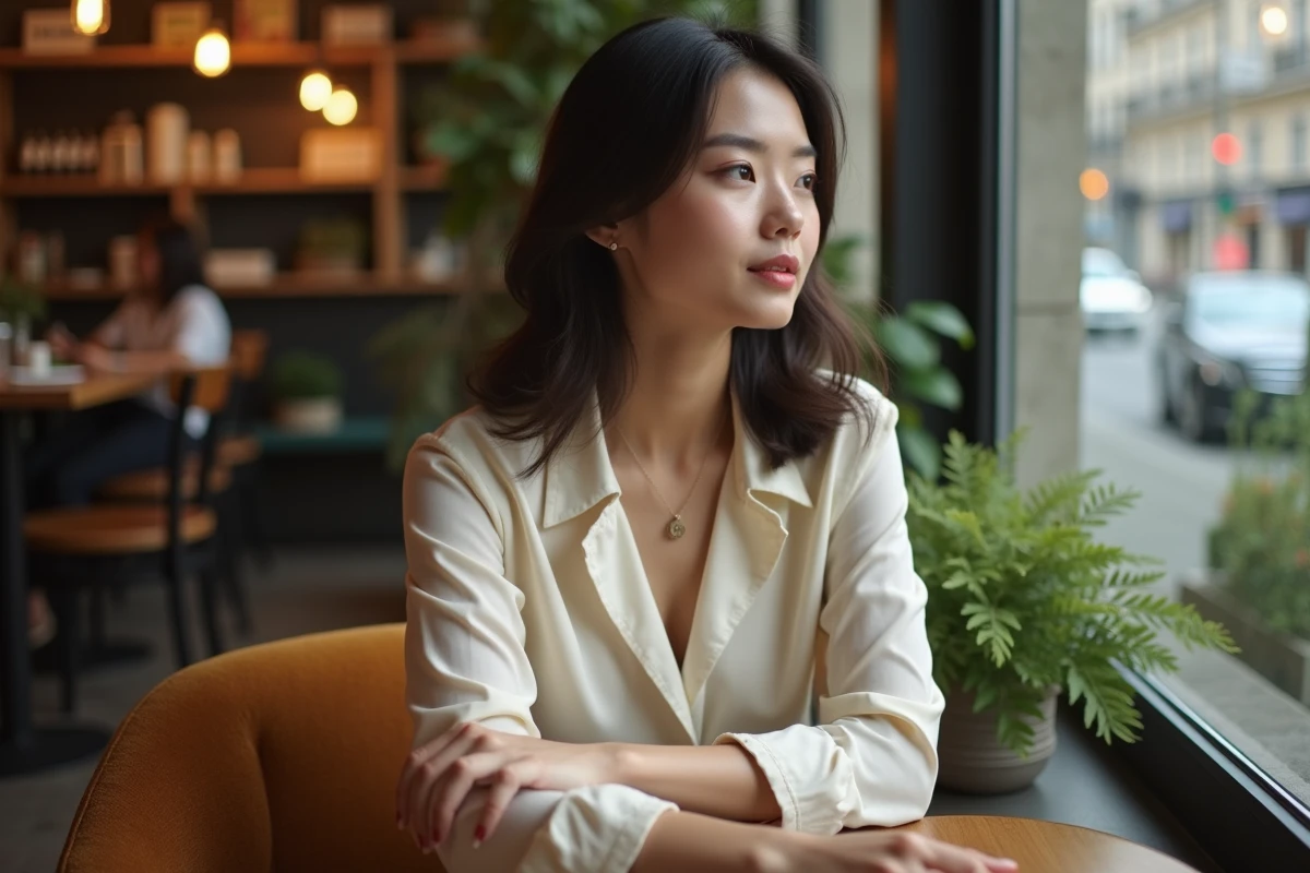 Femme élégante assise dans un café chic en intérieur