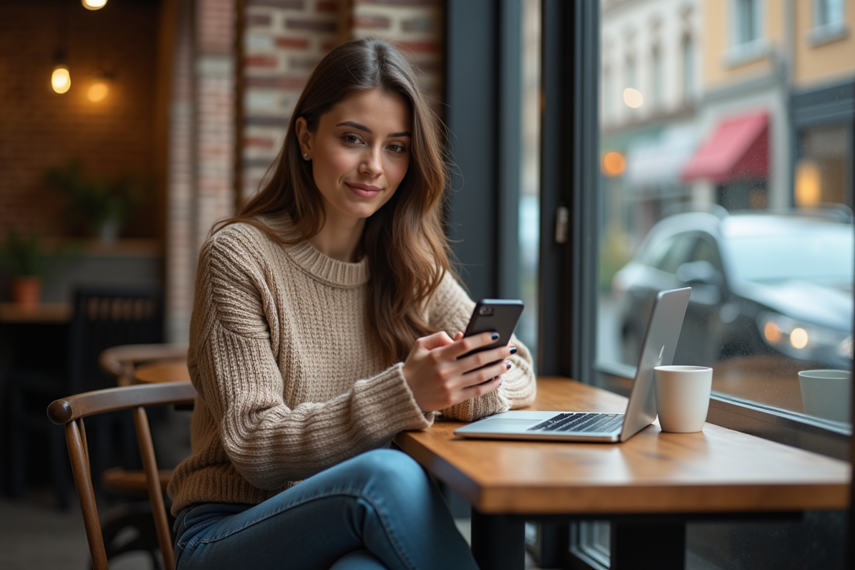 Femme au café utilisant son smartphone en toute confiance