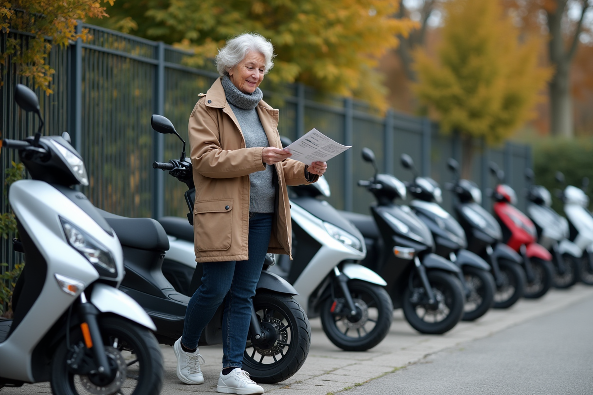 Femme examine brochure devant plusieurs scooters en concession