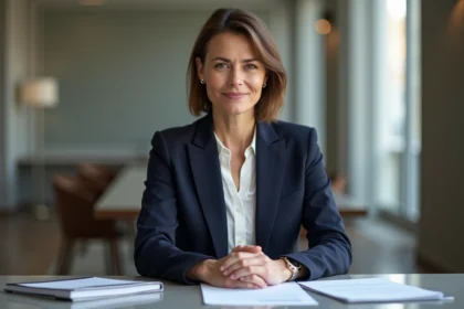 Femme confiante en r&eacute;union &agrave; Paris avec documents officiels