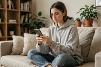 Jeune femme consultant discrètement des stories Instagram sur son smartphone depuis son canapé