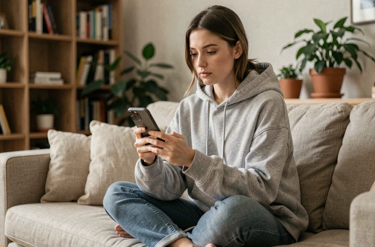 Jeune femme consultant discrètement des stories Instagram sur son smartphone depuis son canapé