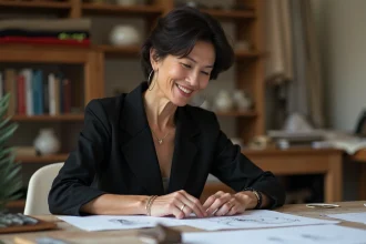 Femme créative en studio avec échantillons de tissus