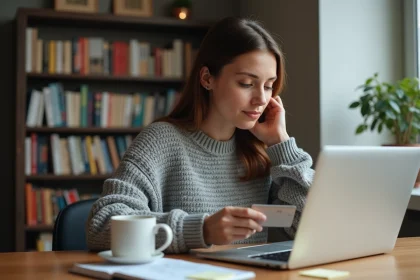 Femme consultant des offres du Cyber Lundi sur son ordinateur portable avec une carte bancaire et un carnet de budget posés sur un bureau en bois