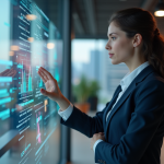 Femme professionnelle examine des visualisations de données modernes