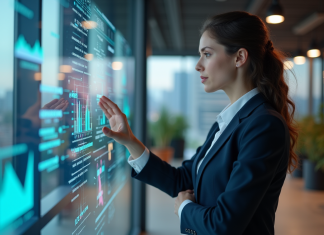 Femme professionnelle examine des visualisations de données modernes