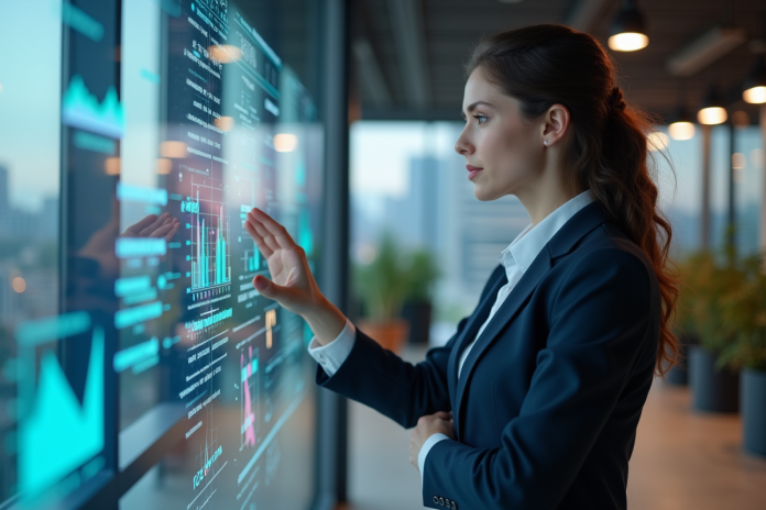 femme-digital-visualisations Femme professionnelle examine des visualisations de données modernes
