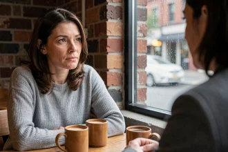 Femme distraite dans un café qui entend sans vraiment écouter son interlocuteur