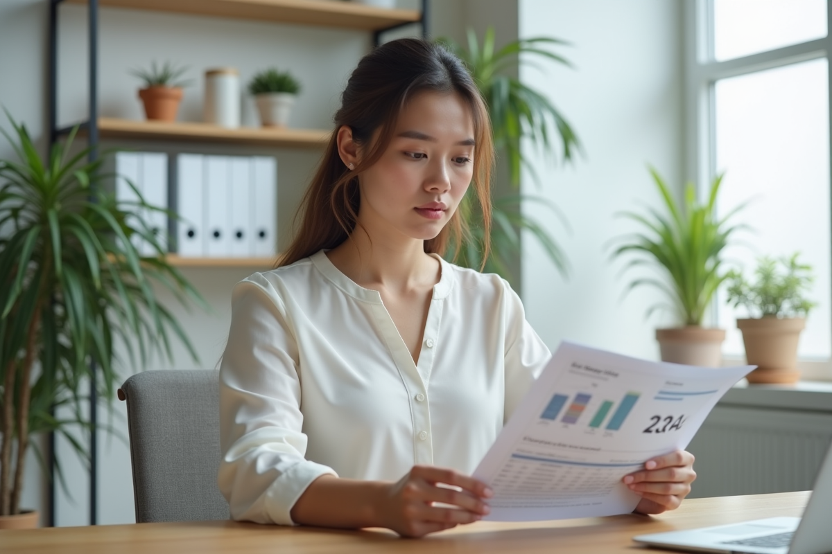 Femme analysant un rapport d efficacité energetique au bureau