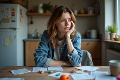 Femme fatiguée assise à la cuisine avec des jouets et factures