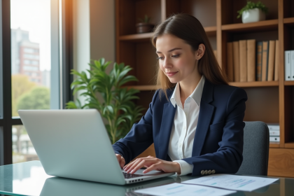 Jeune femme en bureau moderne travaillant sur documents financiers
