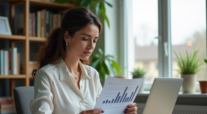 Comportement d’investissement : comprendre le format PDF pour économiser Femme en business casual analysant des graphiques financiers