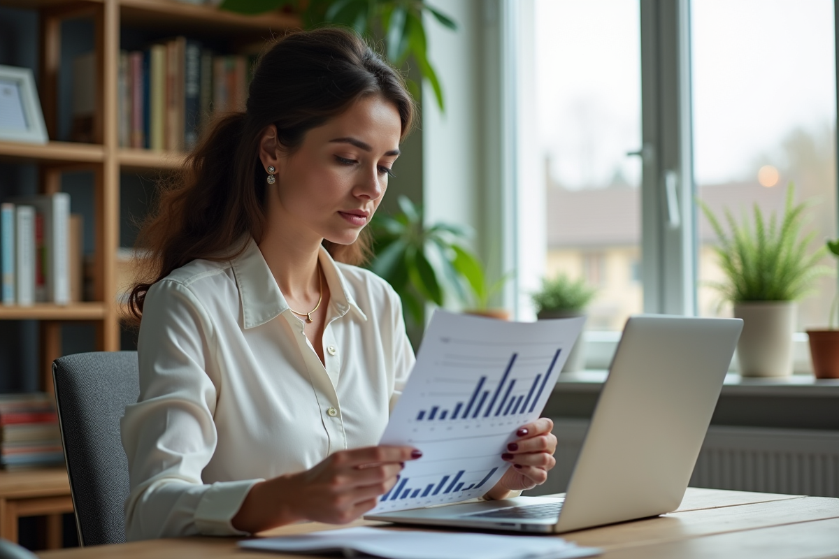 Femme en business casual analysant des graphiques financiers