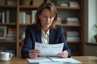 Femme française en bureau lisant une liste d'étoiles