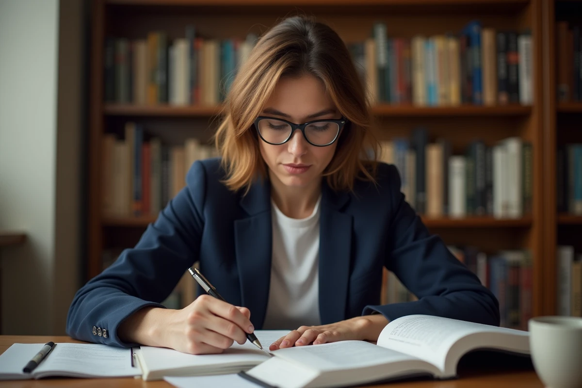 Femme consultant des livres de grammaire française à son bureau pour comprendre les règles orthographiques