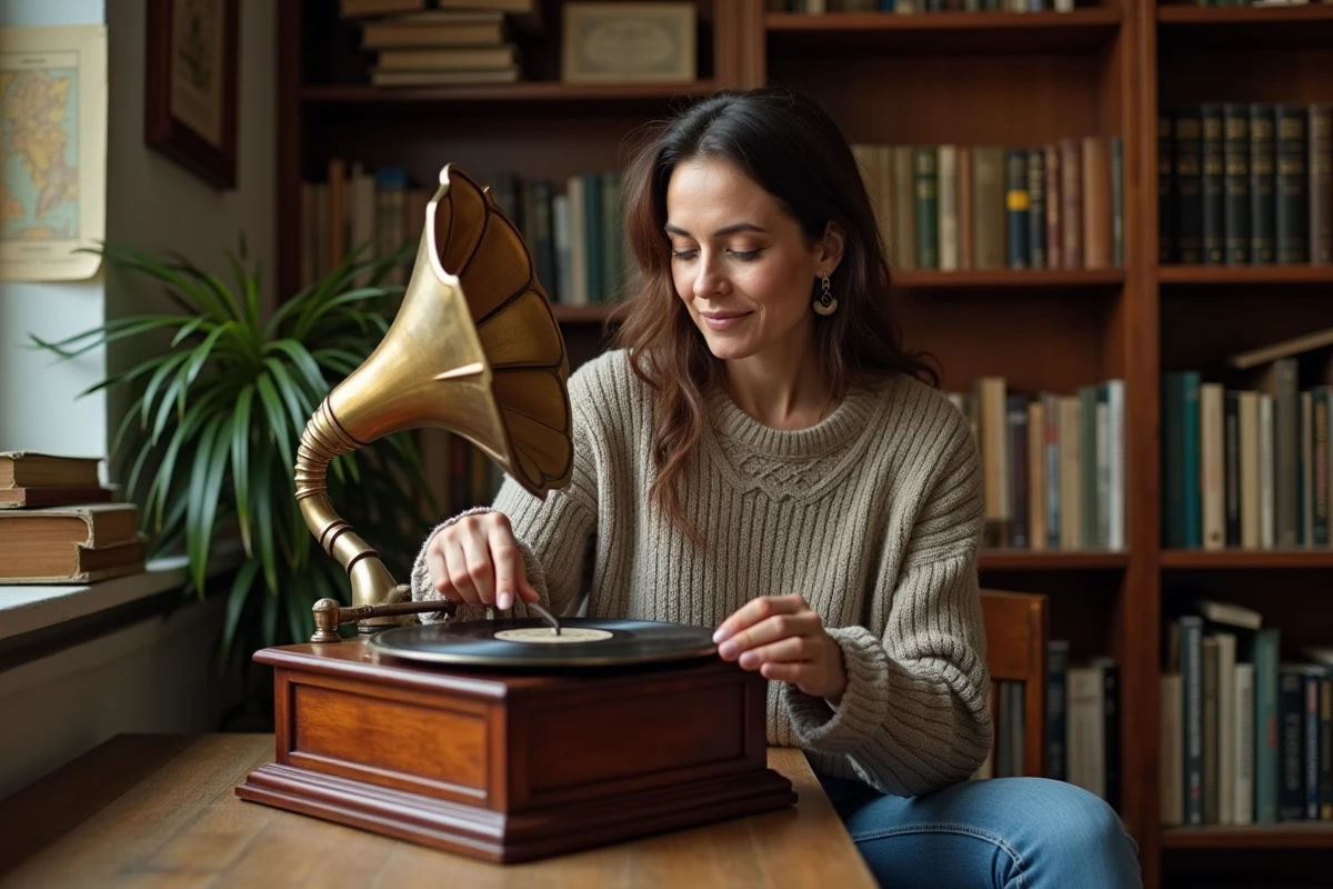 Femme posant un disque 78 tours sur un gramophone à pavillon ancien dans un bureau décoré de livres et d'objets vintage