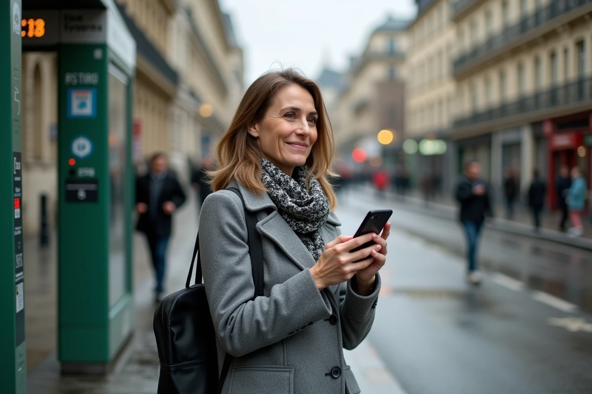 Femme vérifiant les horaires de bus RATP en temps réel sur son téléphone à un arrêt de bus à Paris