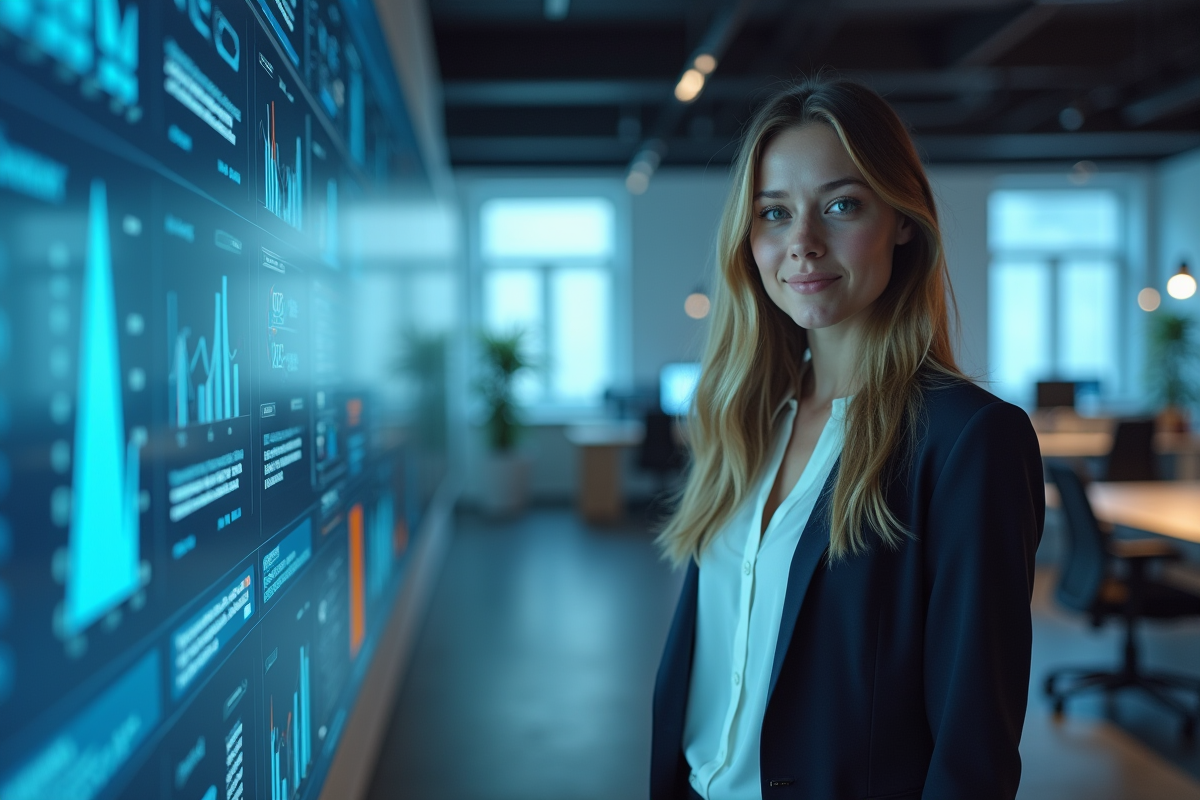 Jeune femme spécialiste IT devant un mur digital interactif